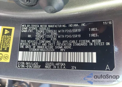 2016 Toyota Highlander Limited V6 z USA, uszkodzony, nr VIN 5TDDKRFH8GS355504